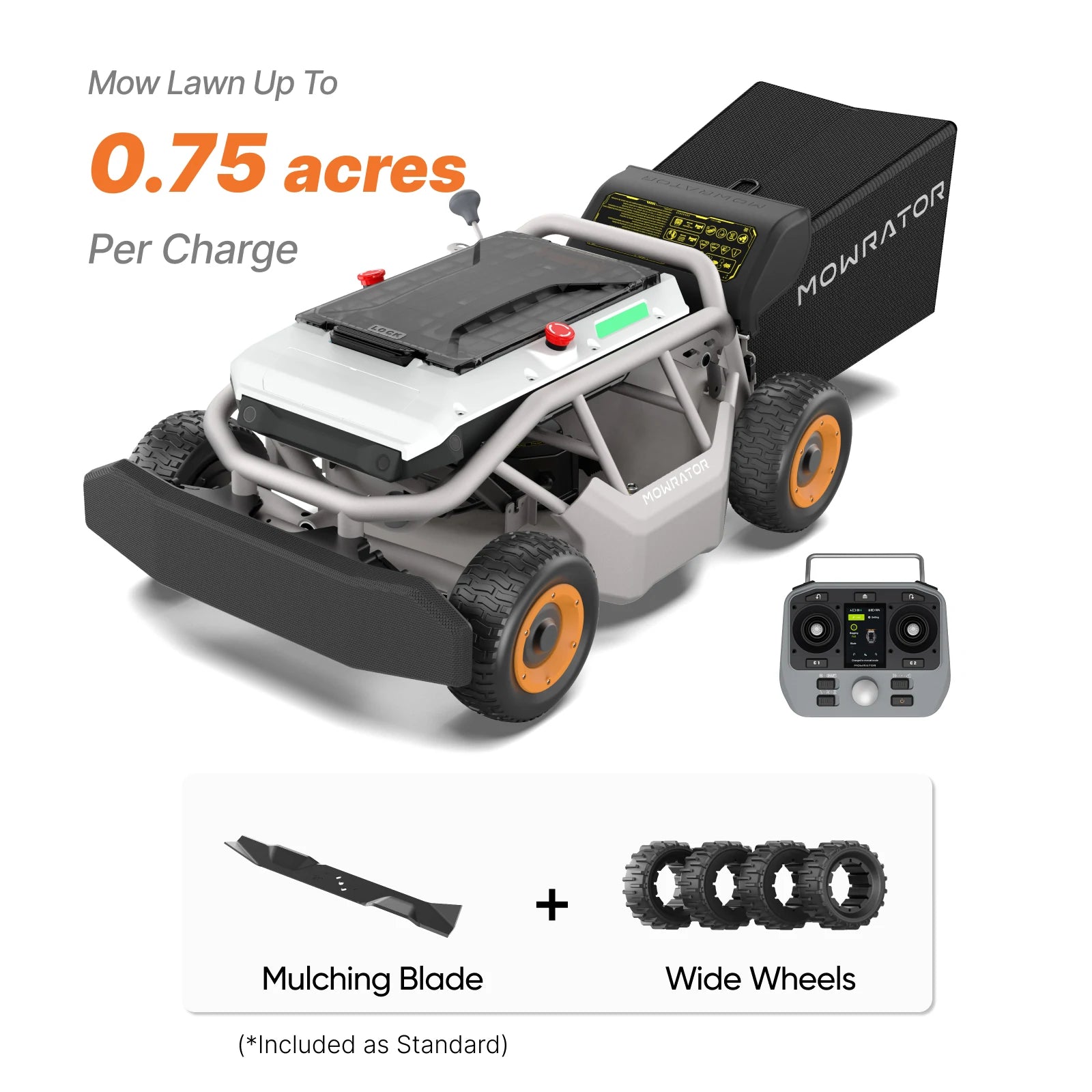 Mowrator S1 4WD robot mower bundle: 0.75 acres/charge, mulching blade, wide wheels.