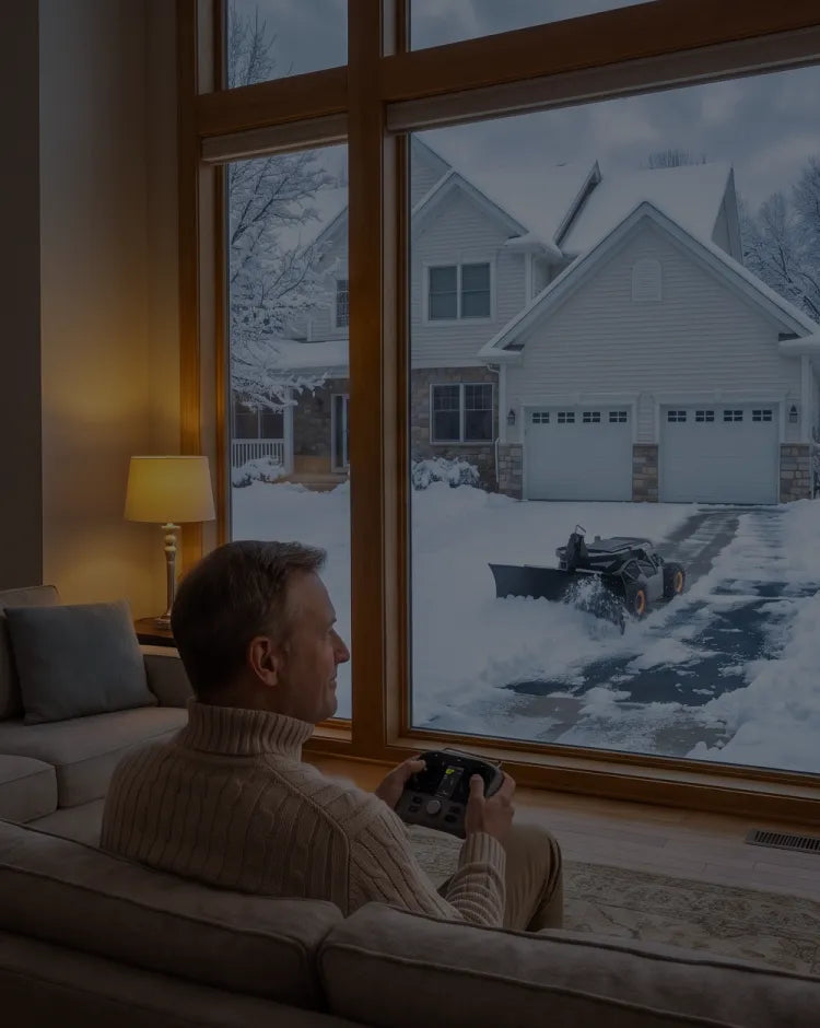 Person sitting on a sofa using a remote control while a robotic snow plow clears a snowy driveway
