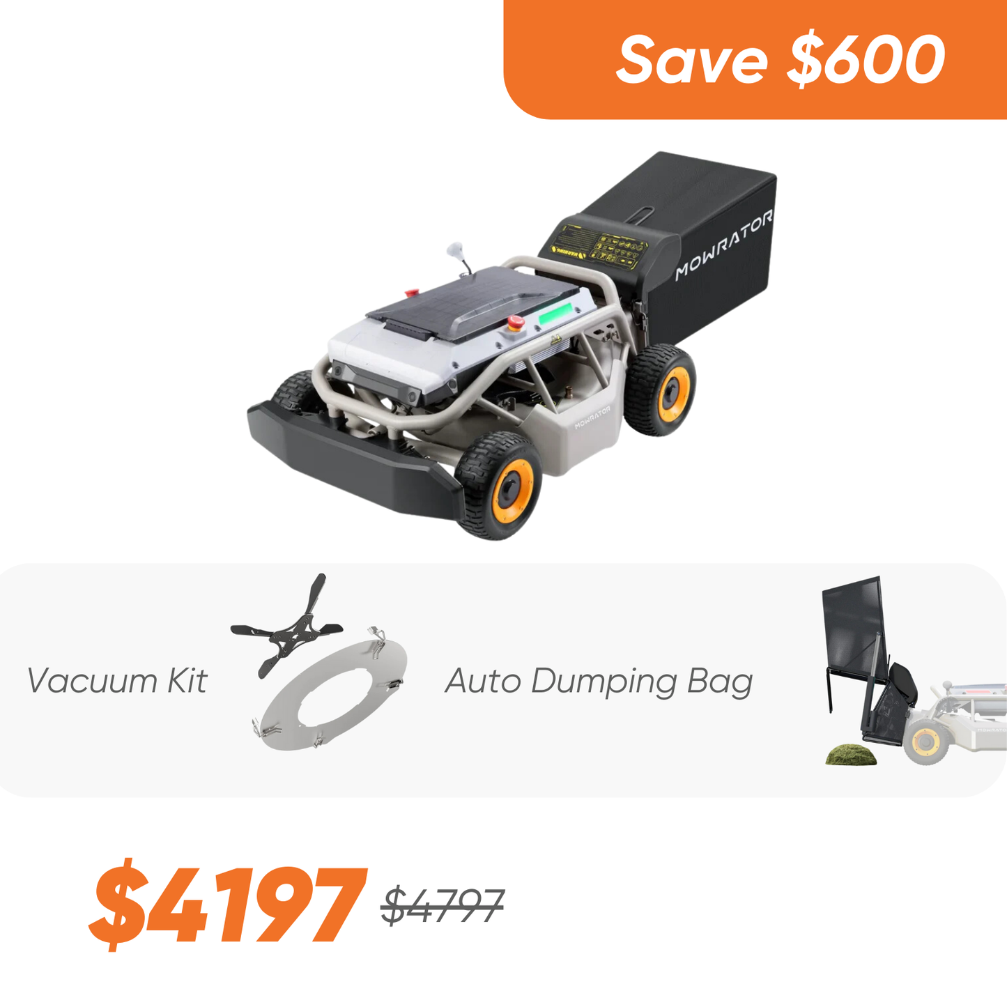 bundle: mowrator s1 4wd lawn mower+auto dumping bag+vacuum kit