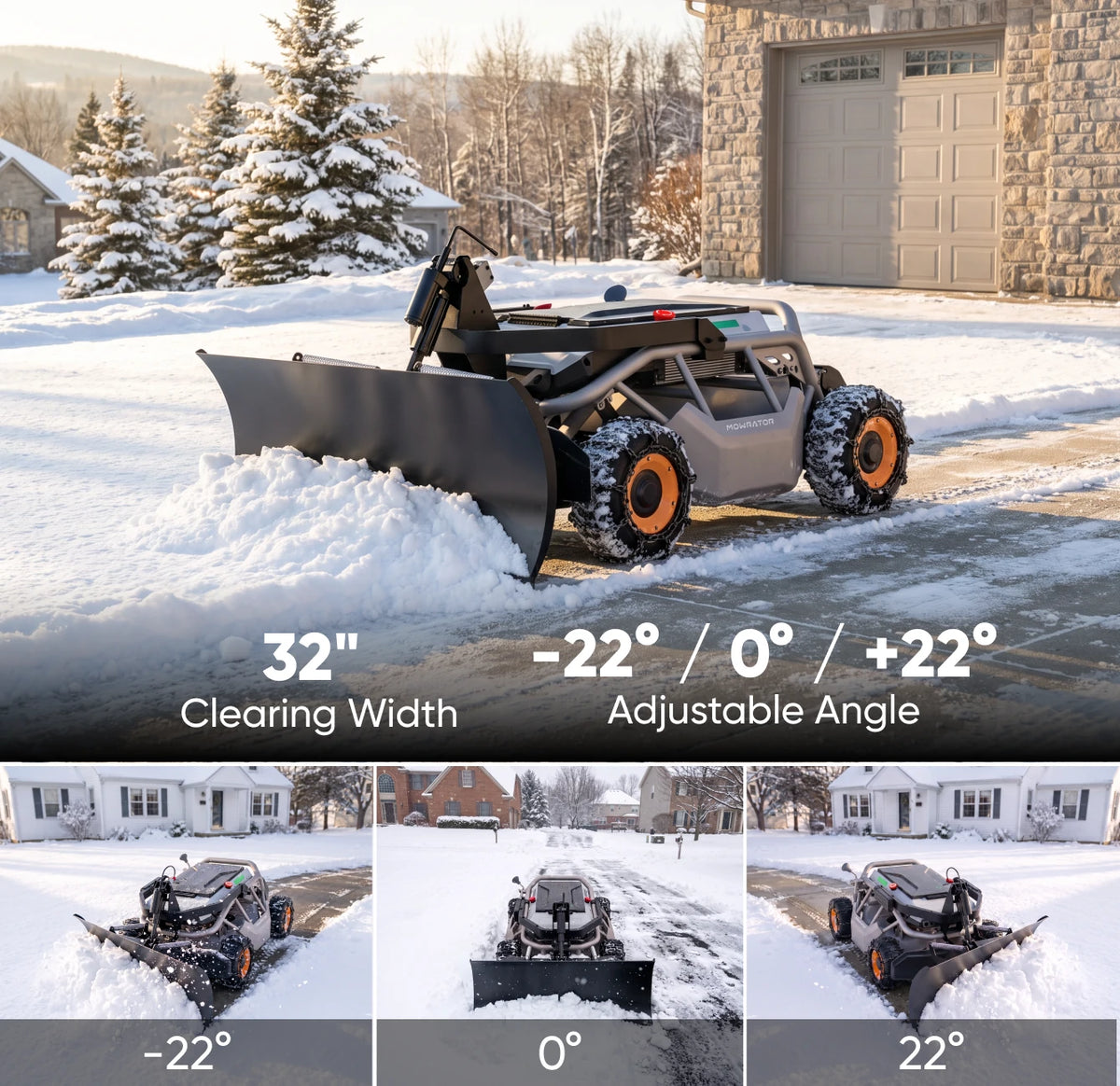 Snow plow attachment clearing a clean lane on a snow-covered driveway