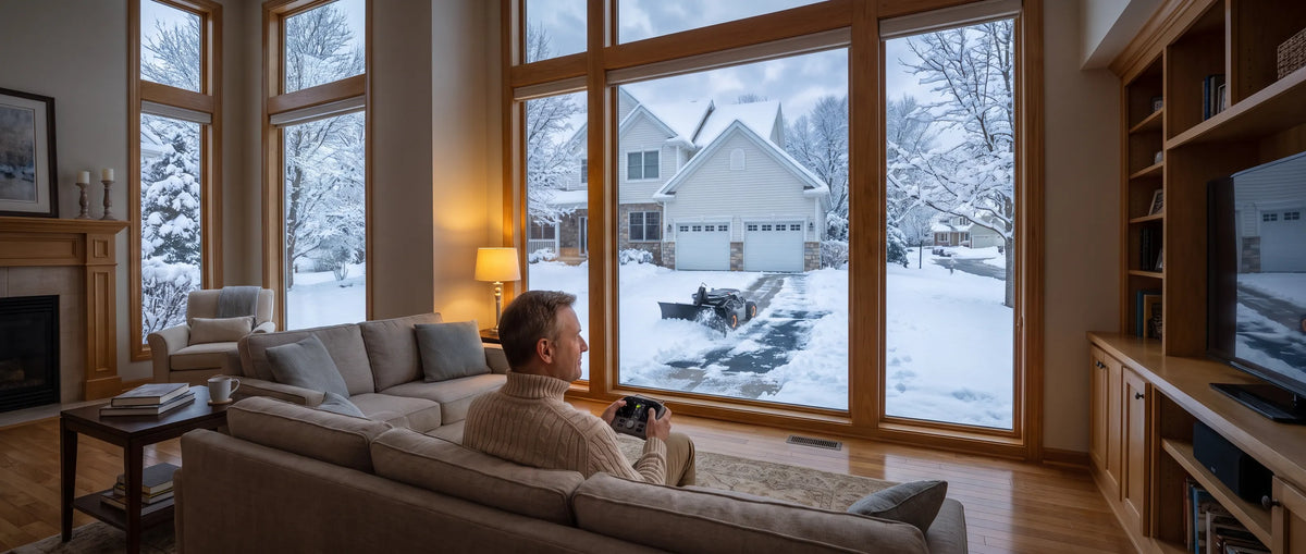 Person sitting on a sofa using a remote control while a robotic snow plow clears a snowy driveway
